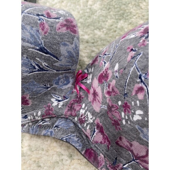 Cacique Lightly Lined Size 42C Push Up No Wire Bra Gray Floral Pink Bow - Picture 3 of 6